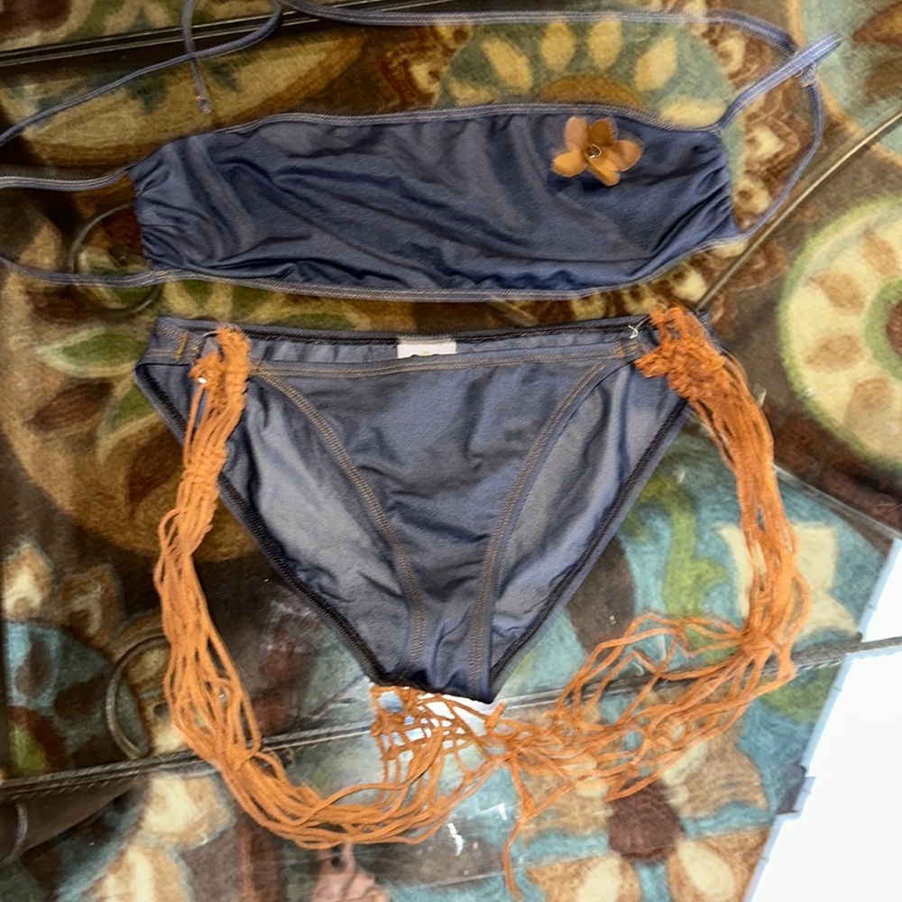 Faux denim and suede bandeau bikini from the Victoria secret catalogue. Sz M